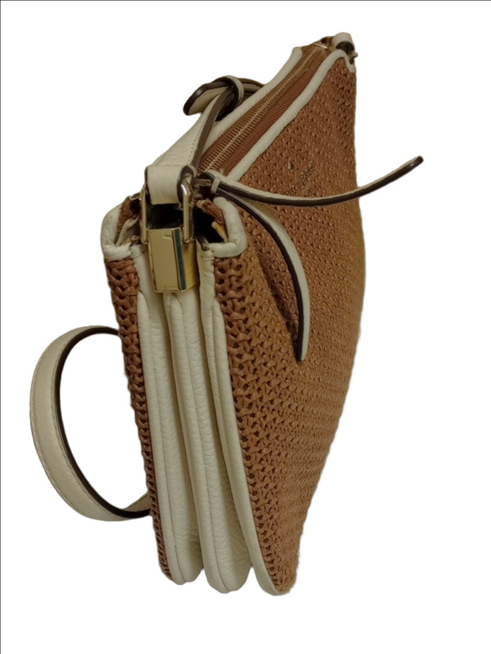 KATE SPADE TAN STRAW WICKER WOVEN CROSSBODY BAG WITH WHITE LEATHER ACCENTS - Picture 4 of 15